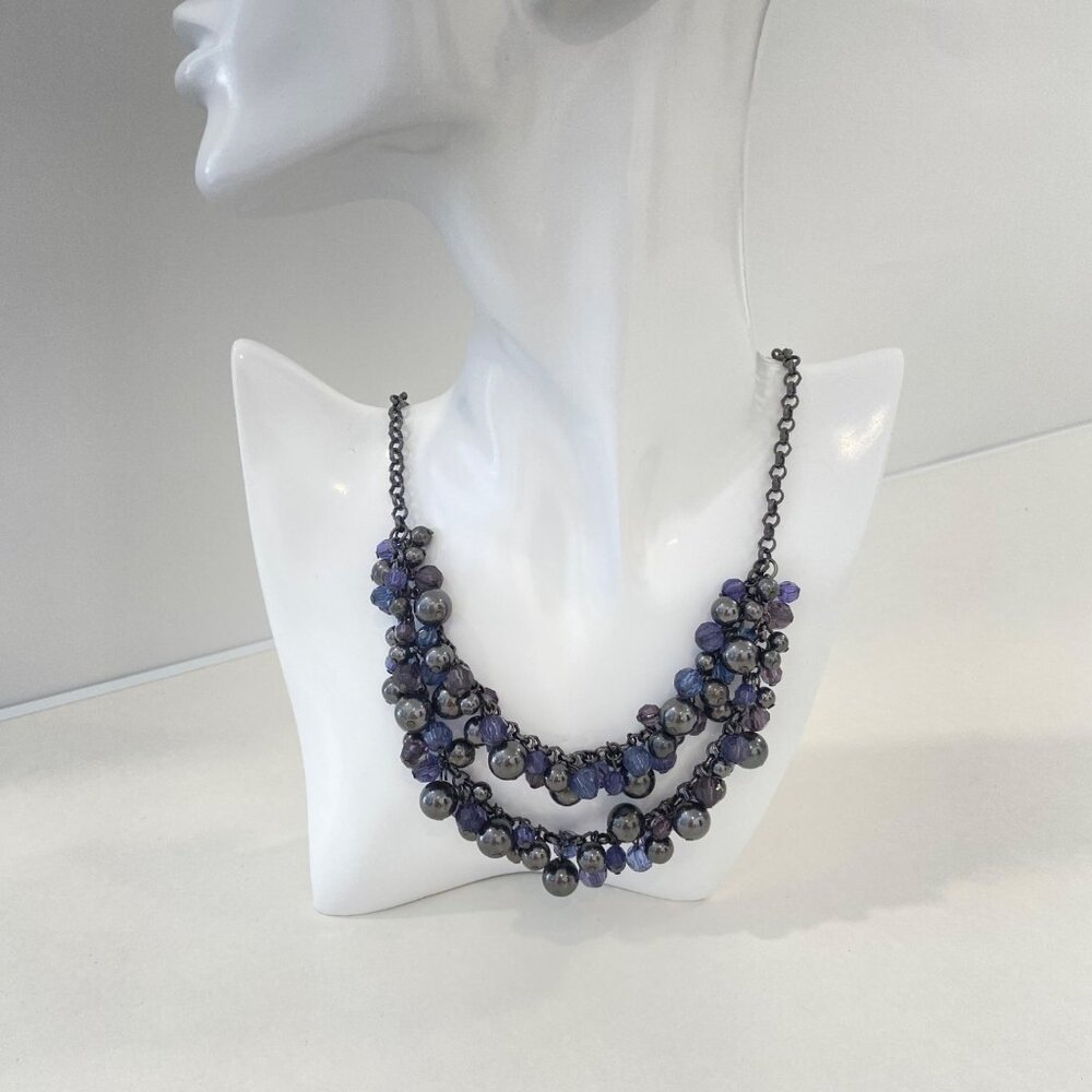 Layered Gunmetal & Purple Beaded Statement Necklace Vintage Y2K Grunge Gothic Ae